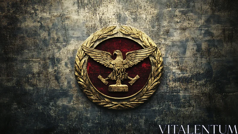 Golden eagle crest on aged red circular emblem wall.