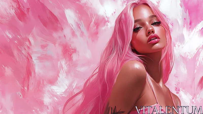 Digital portrait of pink haired woman on abstract backdrop.