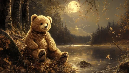 Teddy bear beside moonlit forest lake under full moon.