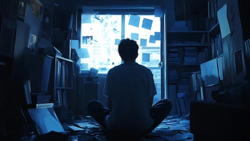 Blue-lit analytical solitude in a paper-saturated study room.