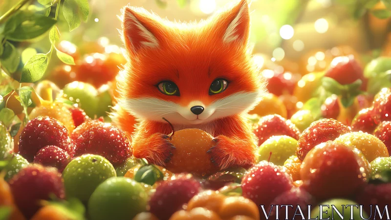 Cute orange fox surrounded by colorful fresh fruits.