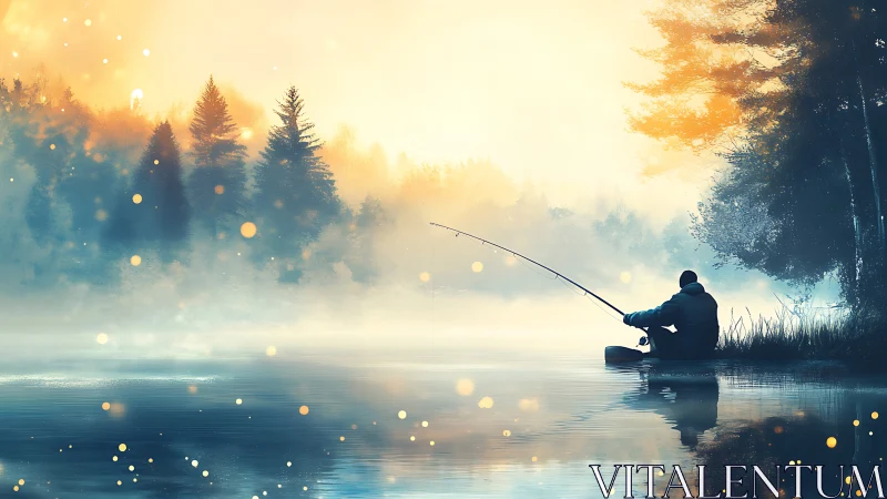 Quiet morning fisherman resting by a glowing misty lake.