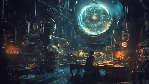 Futuristic alchemist laboratory frames glowing orbital aperture