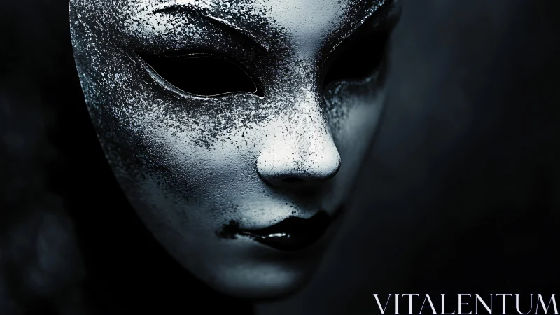 White cracked masquerade mask in dark close-up portrait.