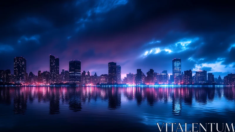 Neon skyline glows over reflective midnight harbor water.