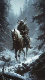 Lone horseman rides through silent, snow-laden forest pass.