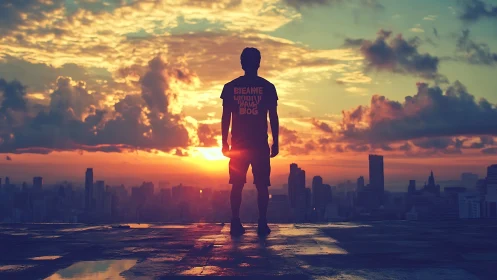 Sunlit city dreamer pauses on a rooftop to welcome the dawn