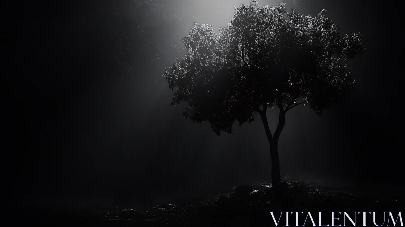 Backlit solitary tree rendered with high contrast volumetric rays