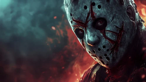 Masked slasher portrait amid teal smoke and red embers.