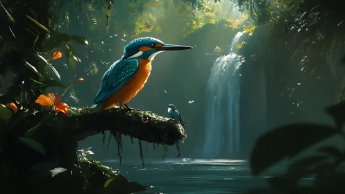 Bright kingfishers rest quietly above a hidden jungle waterfall