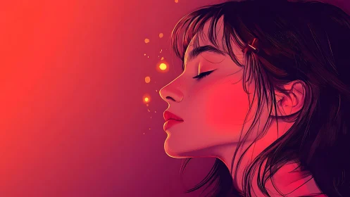 Side profile portrait of young woman in warm neon light.