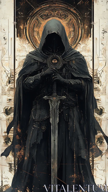 Hooded voidknight guards a clockwork haloed relic gate.