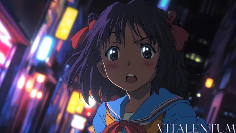 Neon city rush with anxious schoolgirl in motion blur.