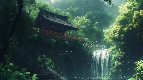 Rain-washed shrine above a luminous forest waterfall.