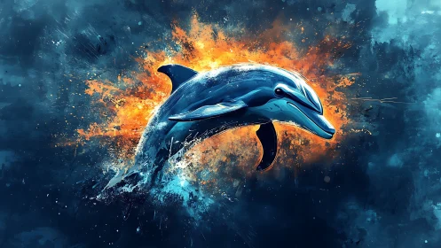 Dynamic digital painting of a dolphin in explosive contrast.