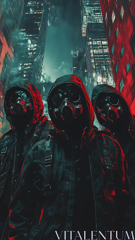 Triadic gas-masked figures in neon-contrasted dystopian skyline.