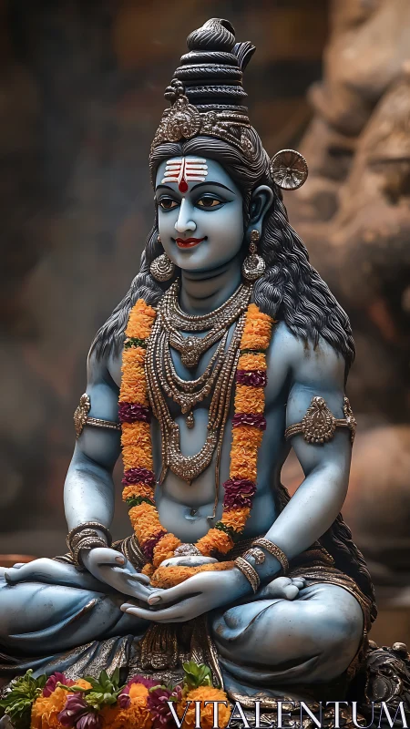 Seated blue Hindu deity statue with garlands and jewelry.