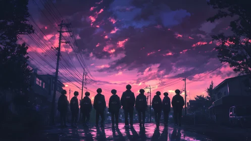 Digital dusk streetscape with silhouetted urban figures.