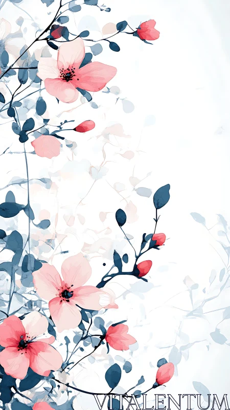 Pink Cosmos Flowers on Delicate Branches with Soft Blue Leaves.