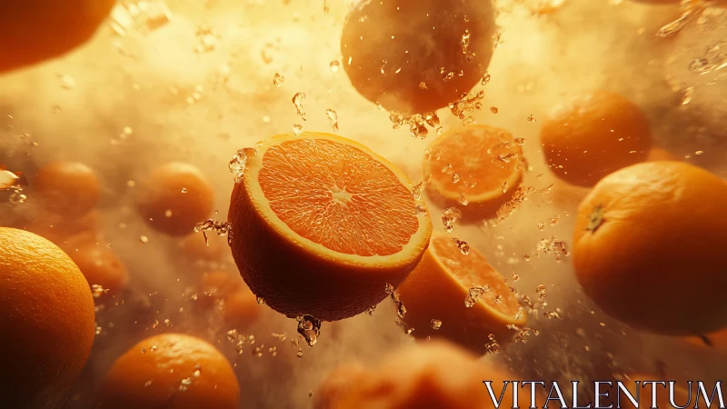 Fresh orange halves and whole fruit floating in golden water.