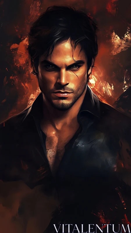 Digital male portrait against abstract fiery backdrop.
