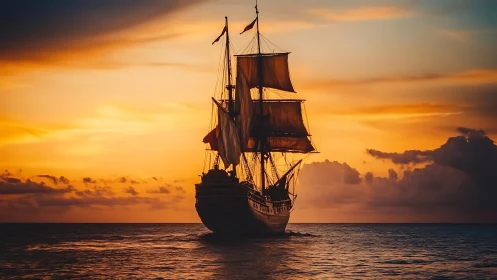 Tall ship silhouette advances toward horizon at fiery sunset