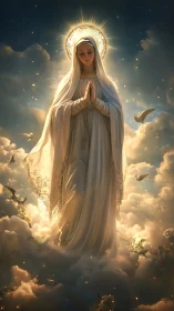 Holy figure in radiant clouds with glowing celestial halo