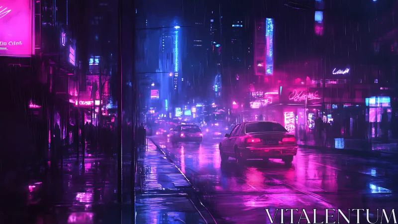Neon soaked city street with cars in rainy night scene.