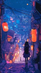 Nocturnal alley perspective with lantern-lit urban depth field.