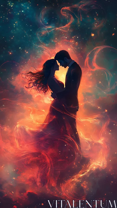 Silhouetted Couple Kissing in Cosmic Fire and Nebula.
