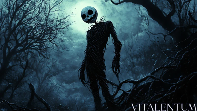 Moonlit twig scarecrow looming in haunted night forest.