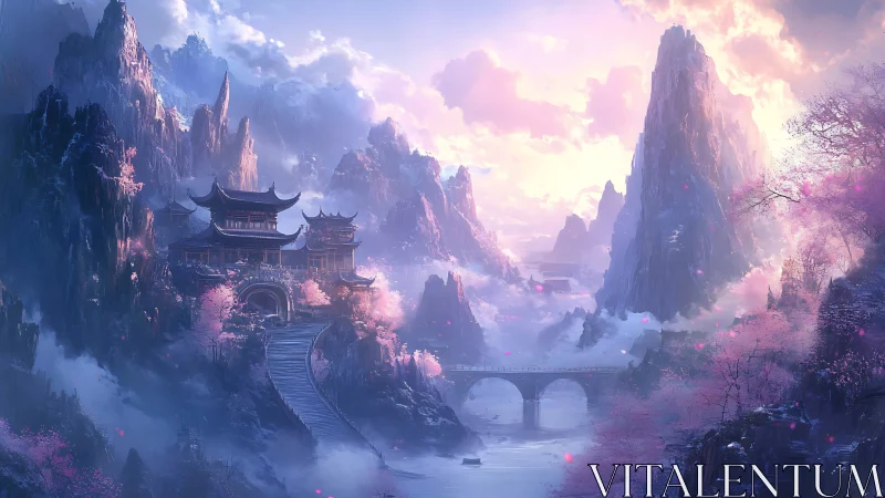 Epic fantasy mountain temple amid luminous pastel sunrise clouds