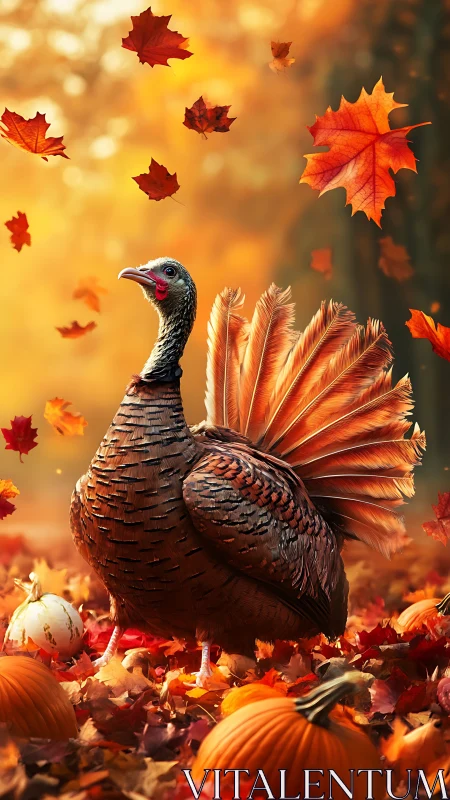 Turkey stands among pumpkins under falling autumn leaves