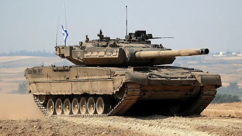 Israeli Main Battle Tank Positioned on Dusty Terrain.
