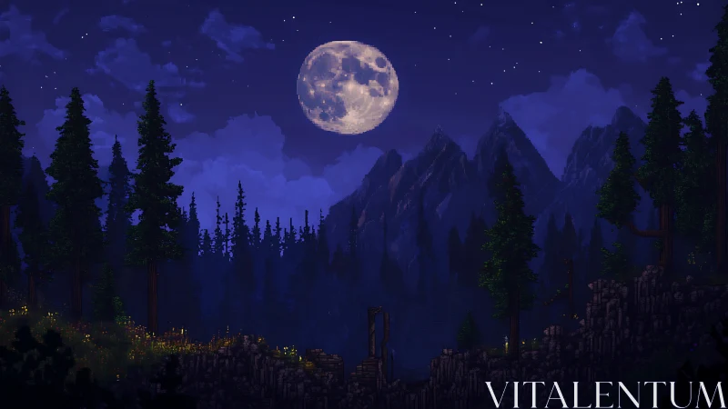 Full moon over pixel forest and distant mountain range.