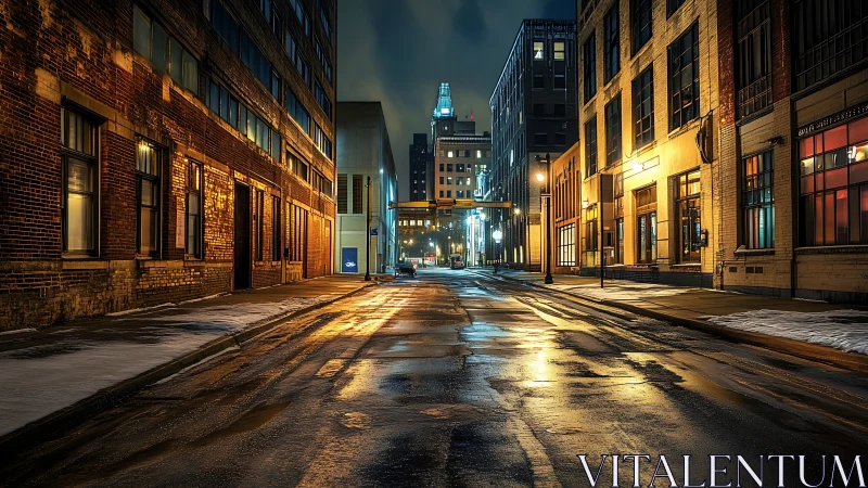 Rain-slicked industrial street under warm neon glow at night.
