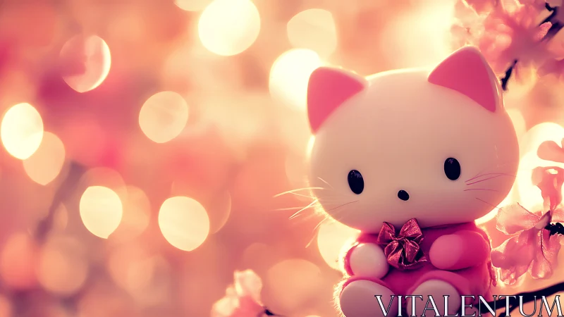 Blush-pink kitty figurine dreaming in soft bokeh blossoms.