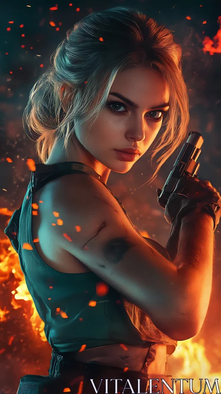 Ember-lit action heroine poised in the heart of chaos.