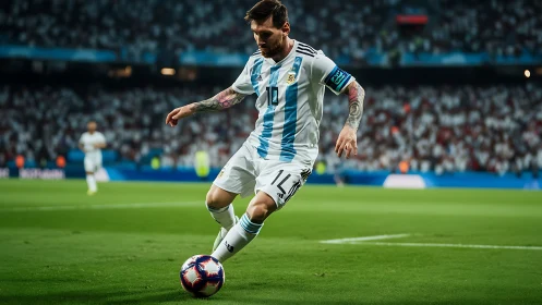 Argentine forward controls ball under stadium floodlights.