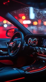 Luxury car cockpit glows in neon lights on a rainy night