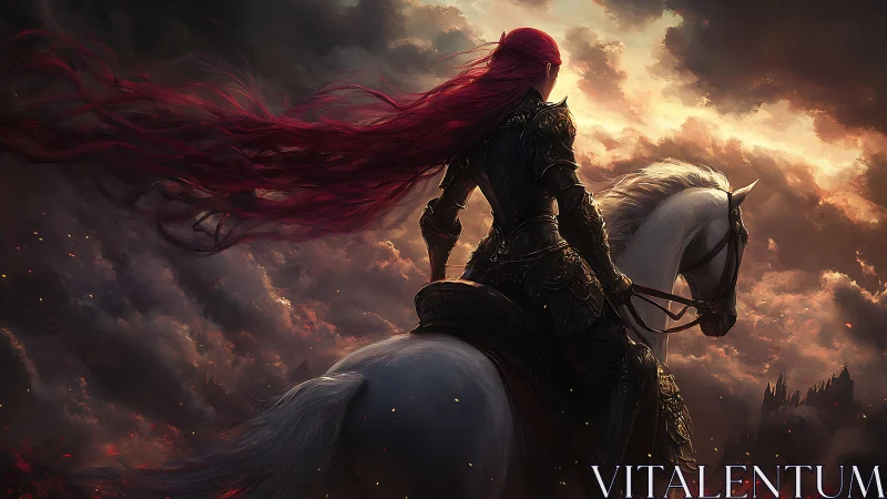 Crimson haired knight astride pale steed in stormlit dawn.