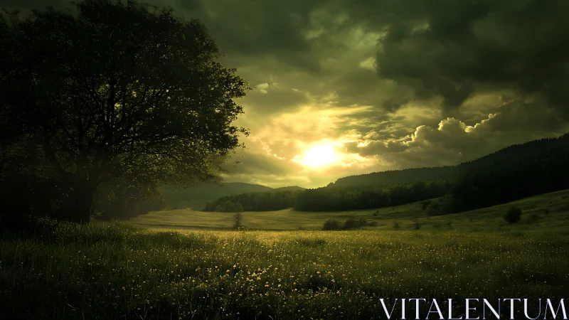 Sunset light cuts through clouds over grassy rural valley