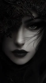 Veiled gothic woman gazes through ornate black lace
