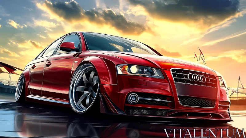 Sunlit red sport sedan poised for a lively evening drive.