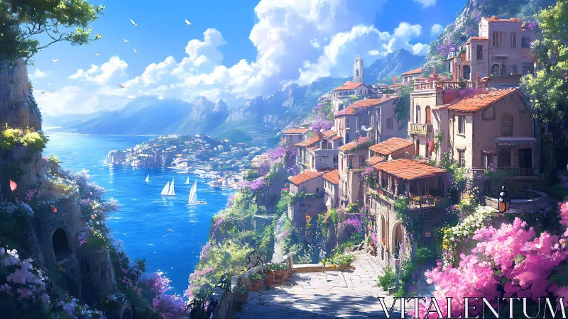 Sunlit cliffside village leans into a glittering turquoise sea