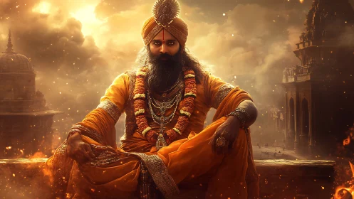 Seated spiritual leader in ornate orange robes at temple.