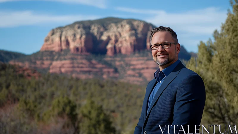 Professional portrait with shallow depth of field in red rock landscape