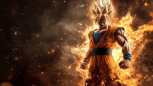 Fiery golden haired anime warrior in explosive power stance.