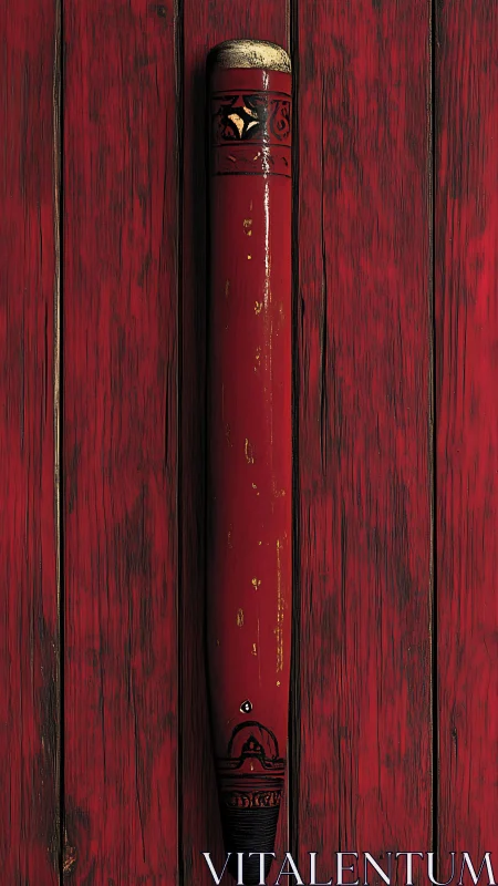 Vertically aligned red wooden cylinder on textured planked background