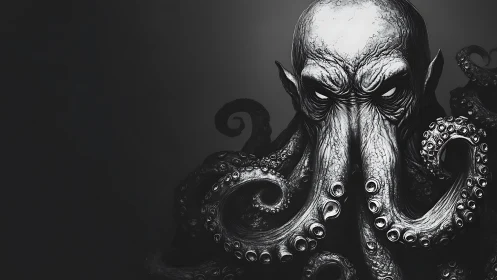 Monochrome cephalopod humanoid portrait with high-contrast tentacle detailing